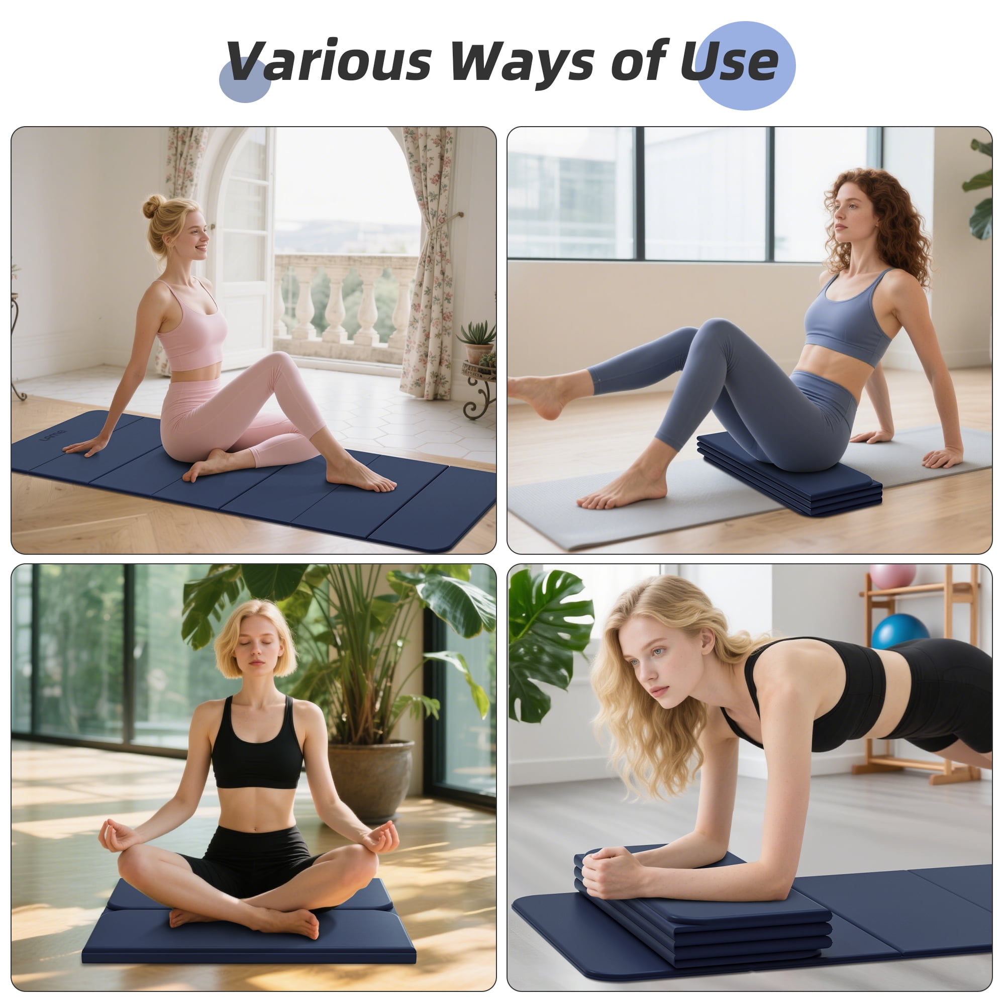 Lamei Foldable Yoga Mat, 31" Extra Wide Non-Slip Exercise Mats for Home Workout, 75" Long, 8mm Thick,Lightweight Travel, Quick Unfold/Fold, Flat Lay No Curl(Blue)