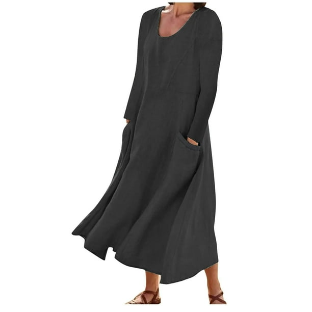Long Sleeve Cotton Linen Long Dress for Women Scoop Neck Solid Casual
