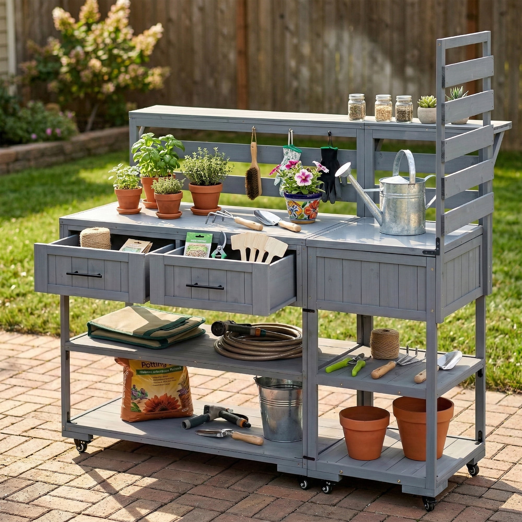 Mintazer 62.3" Patio Kitchen Island Cart with Raised Shelf and Drawers, 2-in-1 Outdoor BBQ Grill Cart & Garden Potting Bench, Rolling Workstation with Stainless Steel Top, Gray