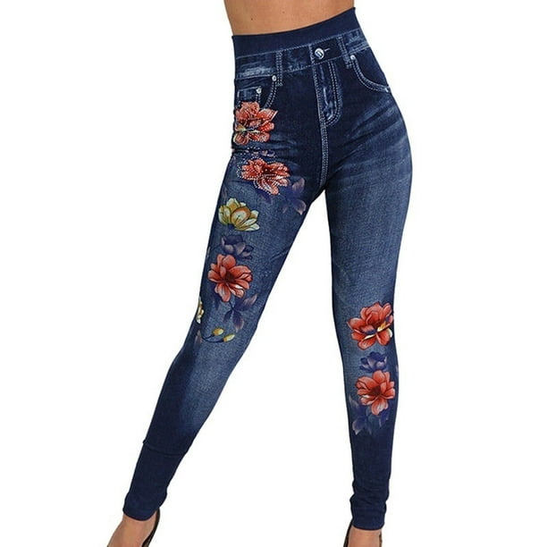 Women Denim Faux Jean Leggings Pants Slim Fit Embroidered Floral