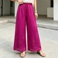 thumbnail image 4 of PBFRDSJ Cotton Linen Plazzo Pants for Women Boho Floral Embroidered Drawstring Pants Casual Wide Leg Peasant Vacation Bottoms, 4 of 8