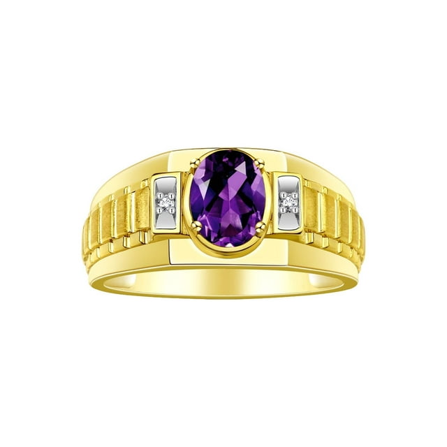 RYLOS Men's Rings Yellow Gold Plated Silver Rings Classic Designer Style 8X6MM Oval Gemstone & Diamond Ring Amethyst Birthstone Rings For Men Size 11