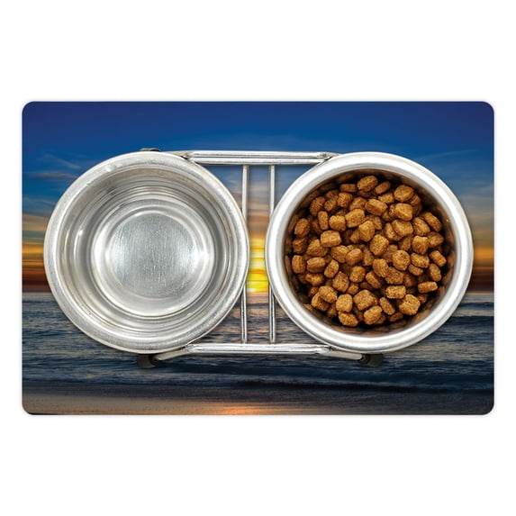 Ocean Pet Mat for Food and Water, Sunset over Pacific Ocean from La Jolla California Sun Rays Colored Sky Photo Print, Non-Slip Rubber Mat for Dogs and Cats, 18" X 12", by Ambesonne