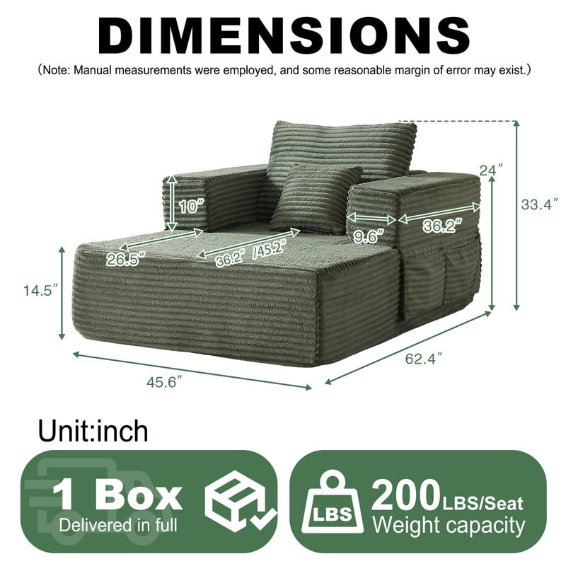 Single-Seater Upholstered Lazy Sofa, Floor Lounge Chair with Back Cushion & Throw Pillow, Oversized Chaise Lounge with Pockets