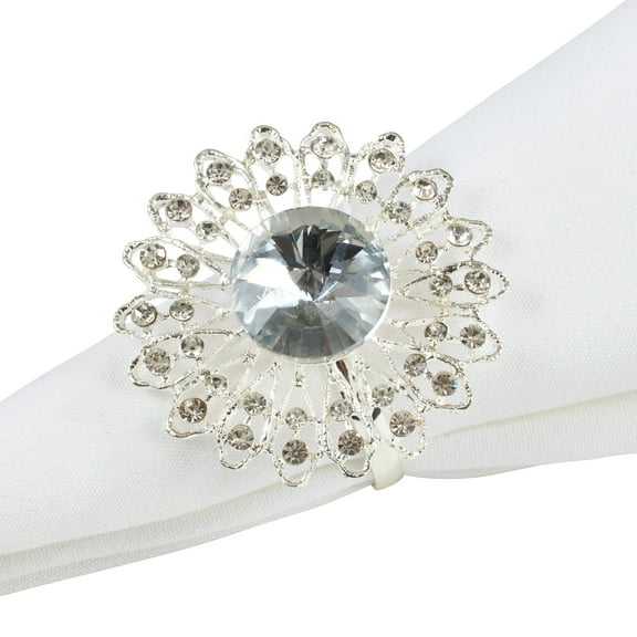 Stunning Elegant Wedding Jeweled Broach Design Napkin Ring - Set of 4 (Silver Borach)