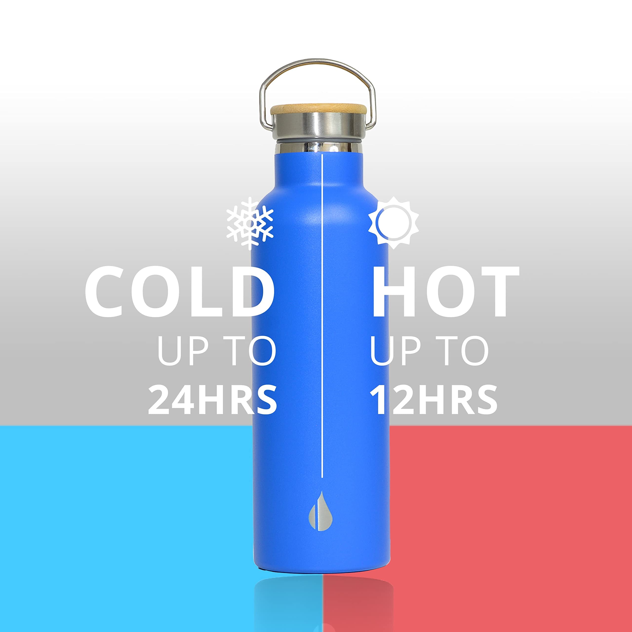 Elemental Classic Insulated Water Bottle, Leak Proof Thermos Water Bottle with Bamboo Lid and Metal Ring, Reusable Insulated Stainless Steel Water Bottle, 25oz - Azure
