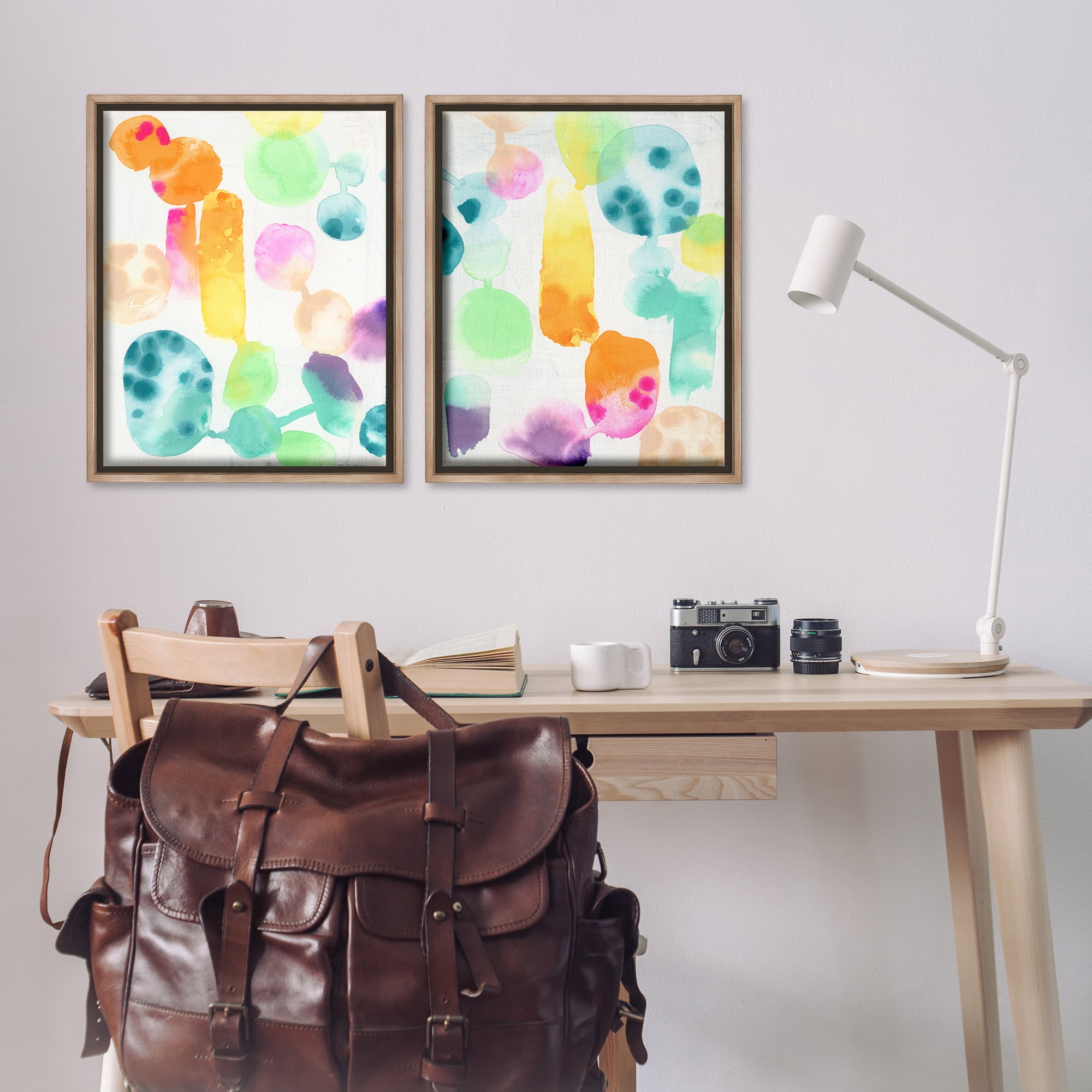 Stupell Industries Neon Colorful Abstract Shapes Abstract Painting Brown Floater Framed Canvas Art Print Wall Art, 31 x 25, Set of 2