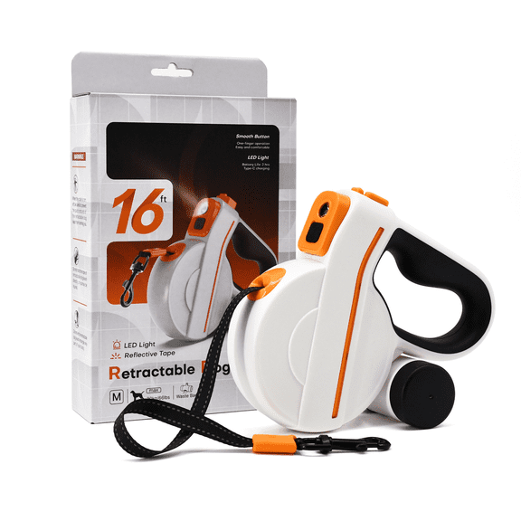 Retractable Dog Leash with LED Light, 16 ft / 5 m Type-C Rechargeable Flashlight, Patented 3-Stop Brake & Lock, Reflective Tape, Waste Bag Dispenser, Non-Slip Handle for Medium Dogs Up to 66 lbs,