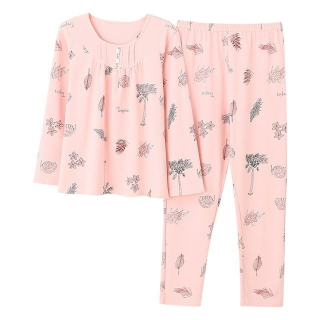 REDHOTYPE Pyjama Floral Fantaisie Mode Femme Printemps Automne Maman Manches Longues Coton Col Rond Ensemble Maison Grande Taille Automne