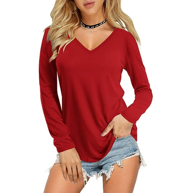 Womens V Neck Long/Short Sleeve T Shirts Basic Tee Tops