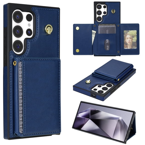 for Samsung Galaxy S23 Ultra Case, PU Leather Crossbody Wallet Case with Card Holder, Kickstand, Magnetic Clasp Folio Zipper Purse, Adjustable Removable Strap, Protective Back Cover, Blue