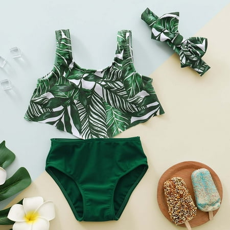

uublik Girls Swimsuit Summer Cute Swimsuit Leaf Pattern Swimsuit Set Green Sizes 9M-4T