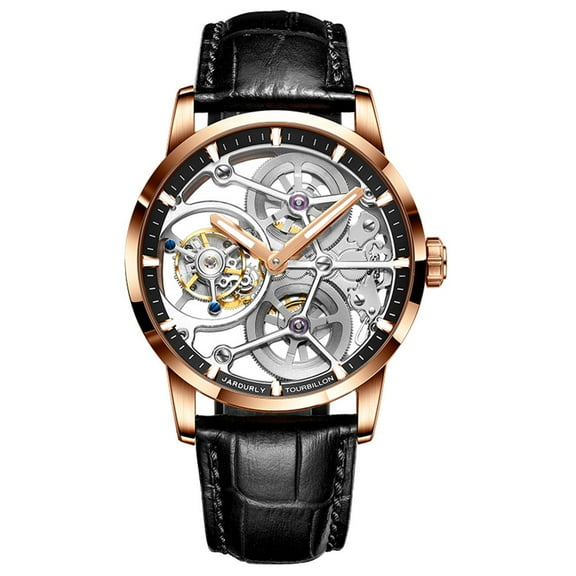 JINLERY Men Nine-Position Tourbillon Skeleton Mechanical Hand Wind Stainless Steel Leather Wrist Watch Sapphire Crystal Manual Wind Hollow Clock Male Luminous
