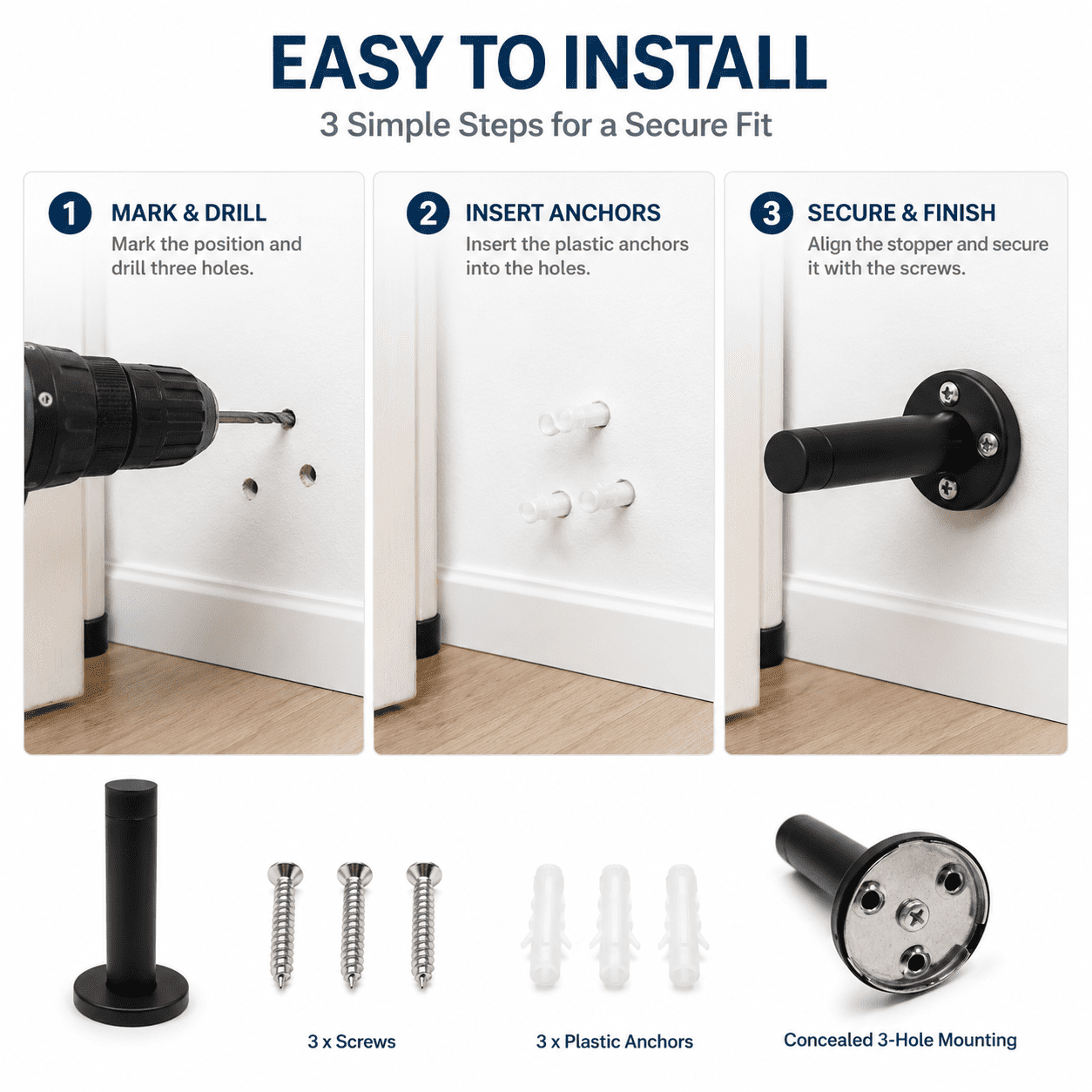 Door Stop 3.5“ Heavy Duty 304 Stainless Steel Door Stopper with Rubber Tips Bumper Wall Mounted Door Holder Protection Black 10 Pcs