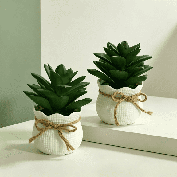 2‑Pcs Mini Artificial Succulent Plants, Fake Potted Faux Succulents for Desktop Bedroom Office Bathroom Home Decor, 3 Color Options