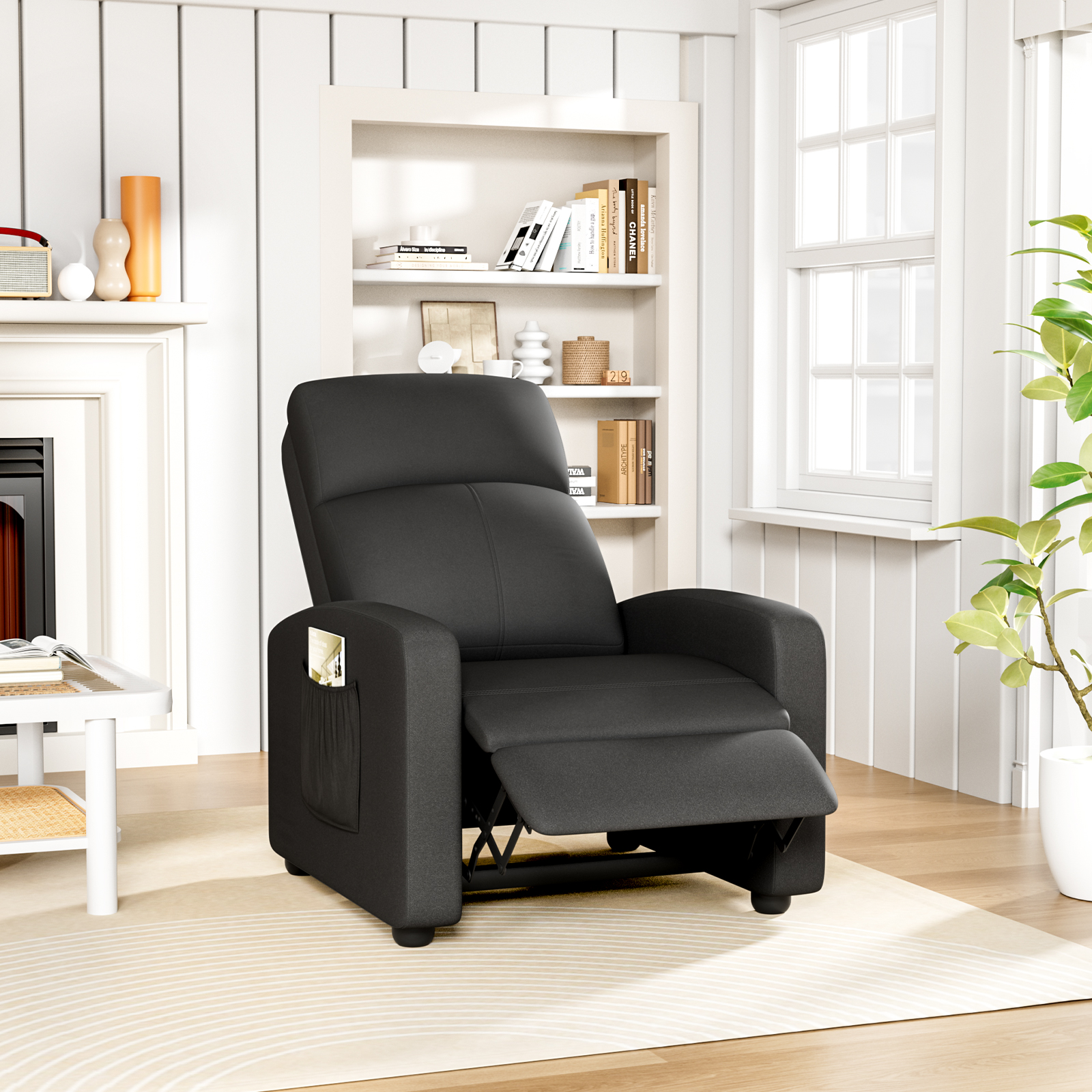Arlopu Fabric Recliner Chair, Single Reclining Chair Home Theater Seating with Side Pocket, Adjustable Backrest and Footrest, Ergonomic Lounge Chair for Living Room, Black