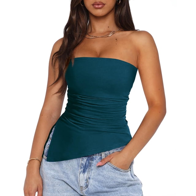 Top Bandeau PRETTYGARDEN Mujer 2025 Sin Tirantes Fruncido Azul Oscuro