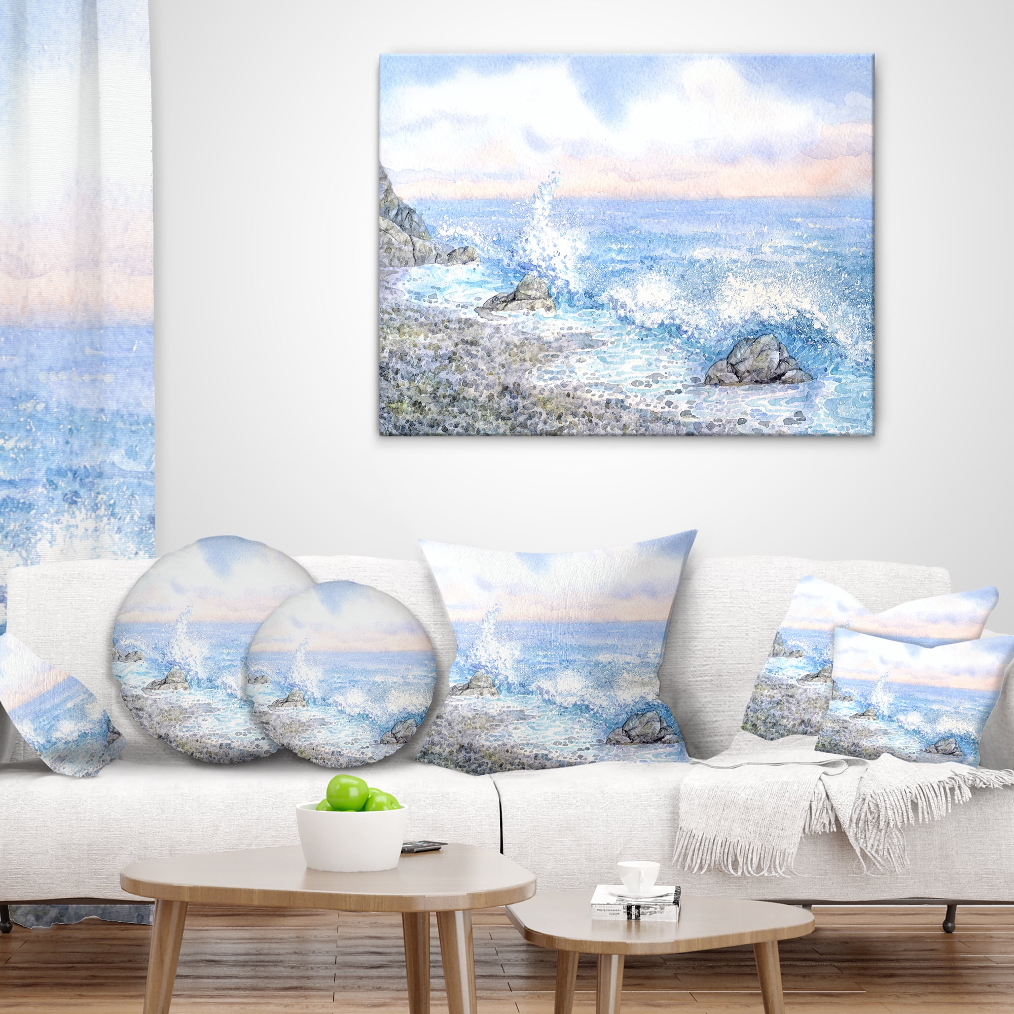 Designart Blue Watercolor Waters - Seascape Throw Pillow - 16x16