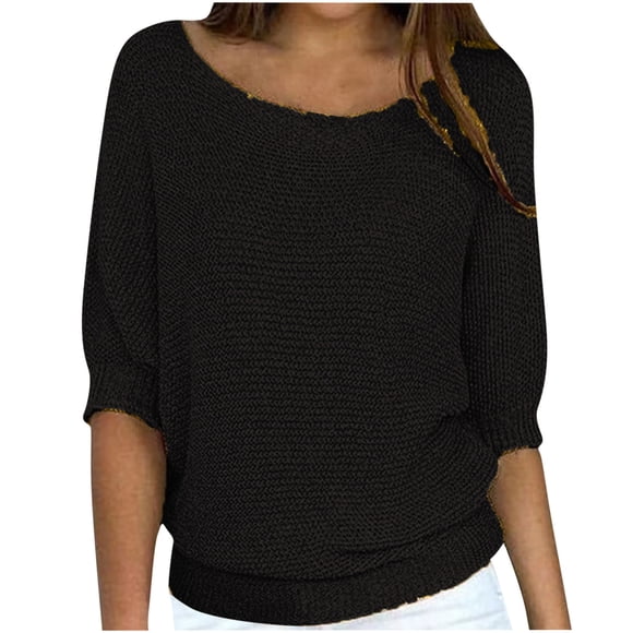 Bigersell Chandail Femme Mignon Élégant Doux Col Rond Manches Longues Tricoté Blouse Hauts Confort Couleur Unie Chandails en Molleton Légers Vêtements d'Hiver Mode Chandail Noir P