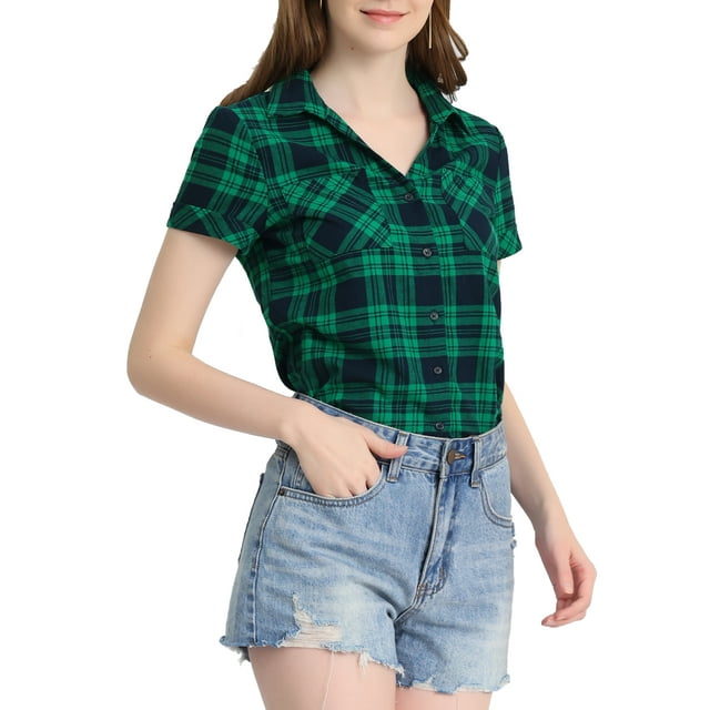 INSPIRE CHIC Women's Plaid Shirts Point Collar Button Down Blouses S Blue Green