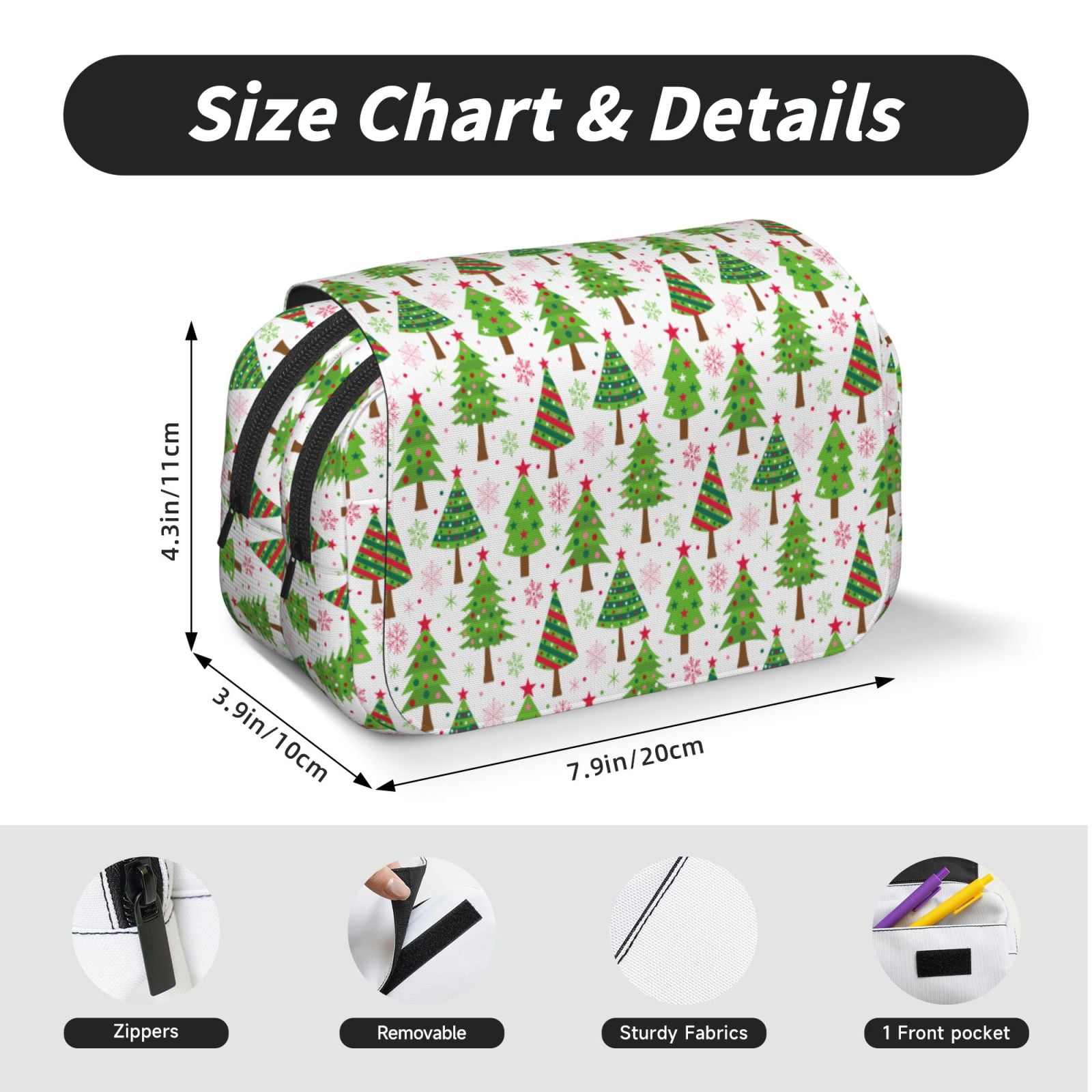 Rateoe Christmas Trees Pattern Double Clamshell Pen Case, Storage Organizer with Two Zipper Compartments– Holds Up to 50 Pencils & Pens