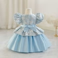 thumbnail image 4 of Delliss Girls Vintage Crew Neck Bubble Sleeve Trendy Princess Dress Blue 12 Months, 4 of 6