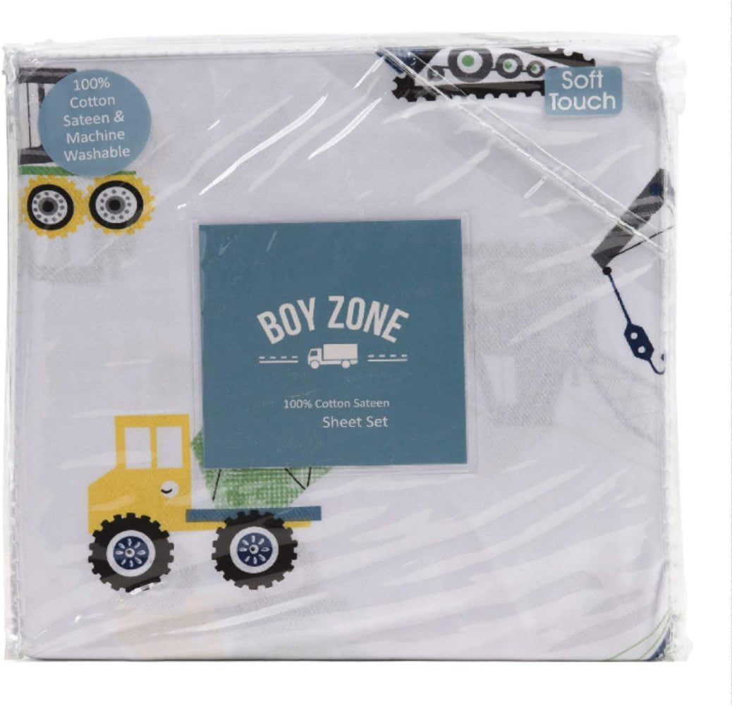 Full BOY ZONE Kids White Blue Yellow Green Construction Equipment Sheet Set 