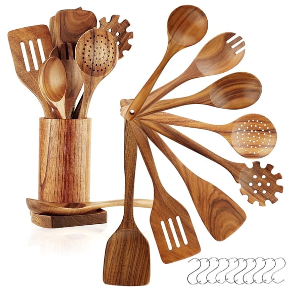 10Pcs Wooden Spoons for Cooking, Smooth Finish Teak Wooden Utensils for Cooking, Soft Comfort-Grip Wood Spoons for Cooking, Non-Stick Wooden Cooking Utensils - Wooden Spoon Sets