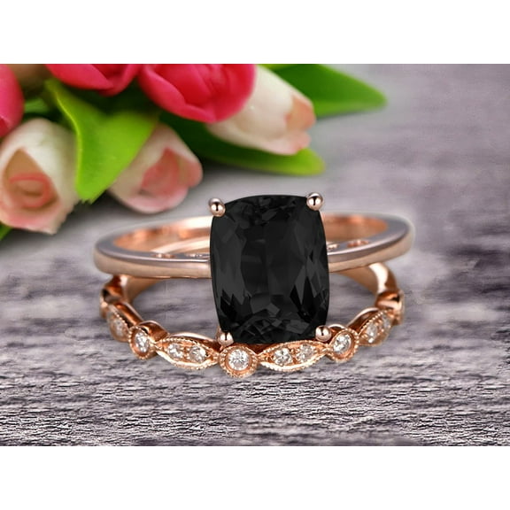 1.80 Carat 8X6mm Cushion Cut Black Diamond Moissanite Solitaire Engagement Ring With Matching Band On 10K Rose Gold Art Deco Shining Startling Ring Anniversary Gift