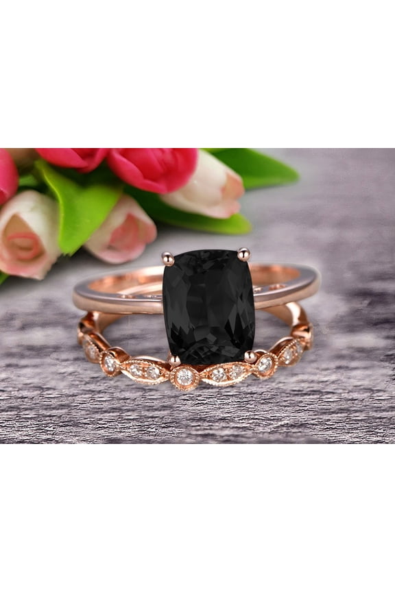 1.80 Carat 8x6mm Cushion Cut Black Diamond Moissanite Solitaire Engagement Ring With Matching Band On 10k Rose Gold Art Deco Shining Startling Ring Anniversary Gift
