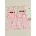 thumbnail image 3 of BemeyourBBs Toddler Baby Girl Summer Clothes Cotton 2 Pieces Outfits Ladybug Strawberry Embroidery Smocked Cami TankVest Tops Elastic Waist Wide Legs Long Pants Set, 3 of 9