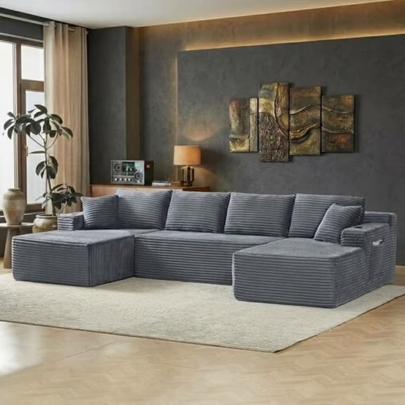 134 Inch Cloud Couch U-Shaped Modular Sectional Sofa, Deep Seat Corduroy Boneless Sofa with Cupholders & Side Storage, Modern Upholstered Couches for Living Room, No Assembly,Grey