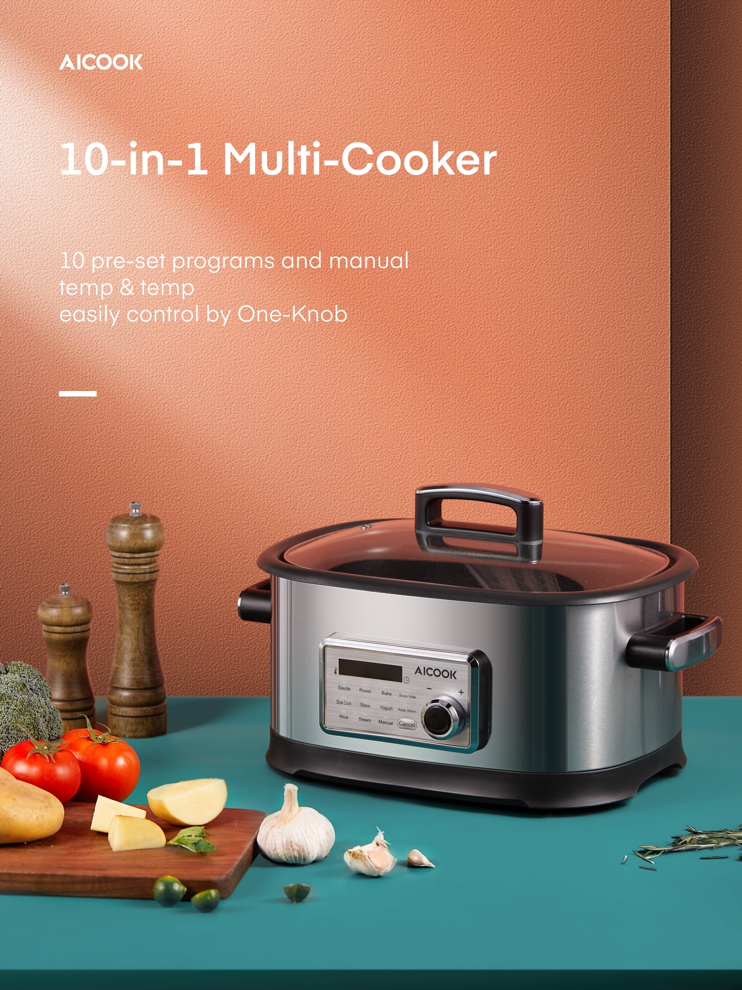  AMEGAT Slow Cooker 6 Quart, 10 in 1 Programmable