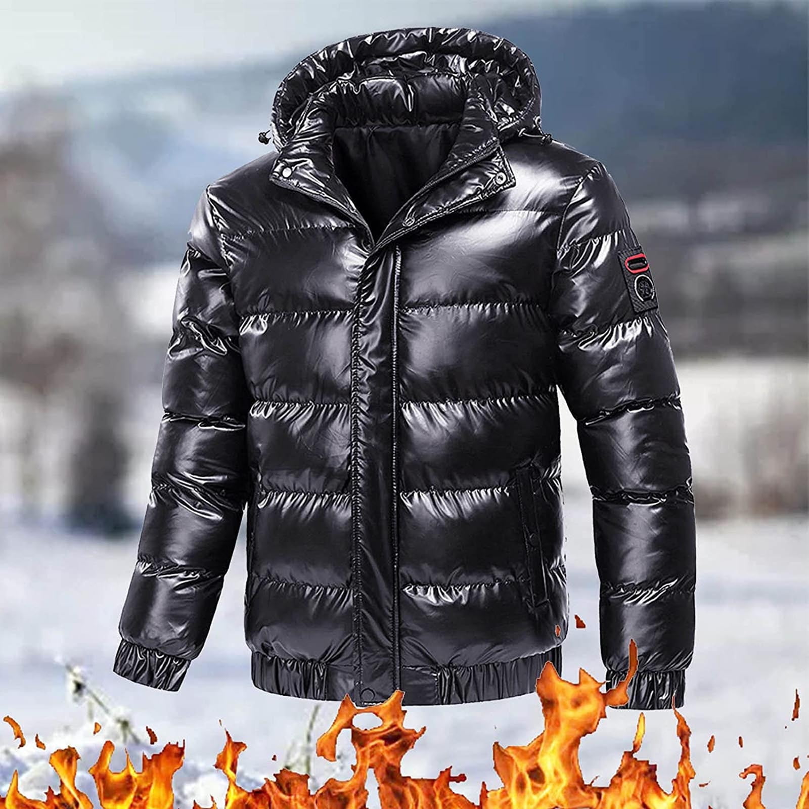 DECILRO Mens Mid-Weight Puffer Jacket with Removable Hood Shiny Hooded Reflective Down Jacket Cotton Jacket Black M, Adult Unisex, Size: Medium