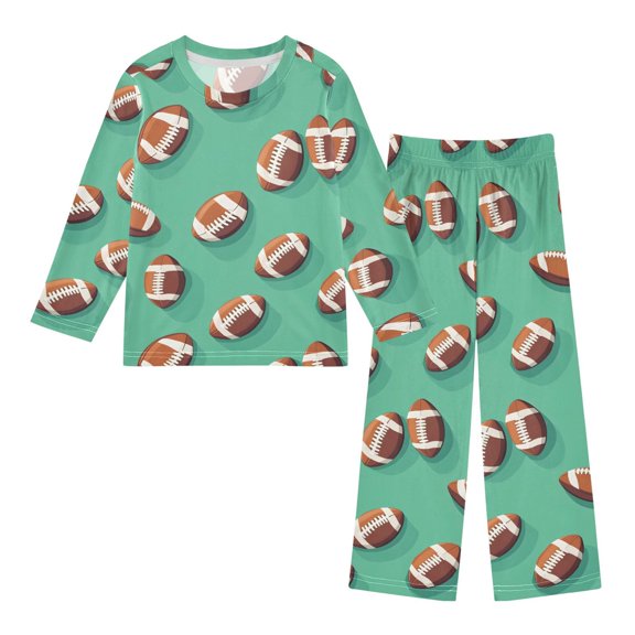 FORMRS Kids Pajama Set Fleece Long Sleeve Top Relaxed-Fit Pants Lounge Sleepwear, Sizes 3T-11Y, Green American Footballs