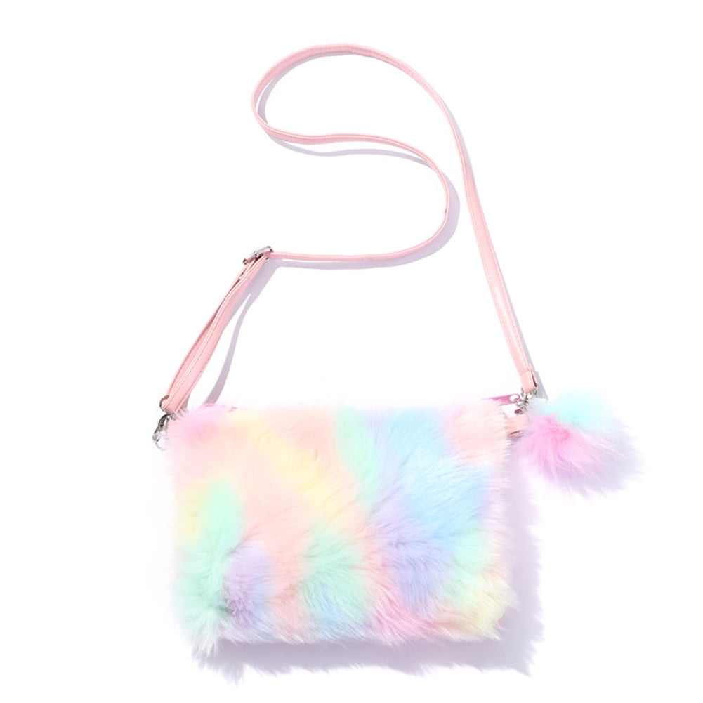 Little Girls Kids Toddler Unicorn Fuzzy Plush Crossbody Purse Rainbow Faux Fur Wallet Handbag 