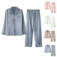 thumbnail image 2 of VERUGU Pajamas for Women Set Button Up Satin Silk Long Sleeve Top with Pocket Wide-Leg Trousers 2 Piece Outfits Loungewear Sleepwear, 2 of 4