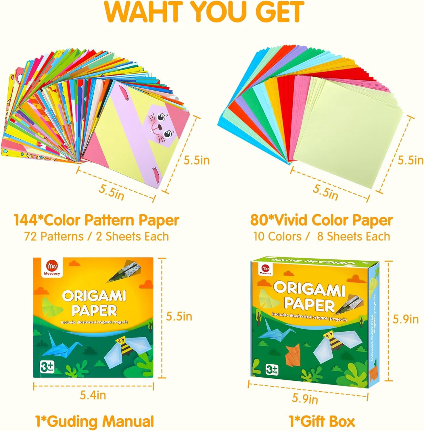 Mocoosy Origami Paper 224 Sheets Origami Kit for Kids Ages 8-12, Square Craft Paper Color Folding Paper Set with Guiding Book for Easy DIY Art and Craft Projects Best Craft Gifts for Kids