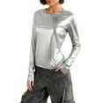thumbnail image 2 of purcolt Womens Shiny Metallic Cropped Tops Stretchy Slim Crew Neck Long Sleeve Shirts Sparkly Glitter 80s Disco Cocktail Outfits, 2 of 8