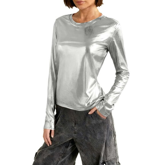 HongQid Metallic Shirts for Women's Sparkly Disco Party Shiny Tops Long Sleeve Round Neck Tee