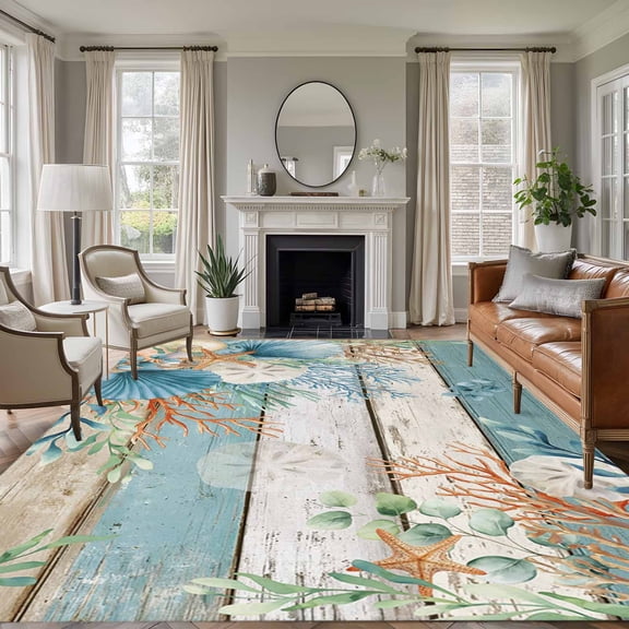 Large Area Rugs for Living Room Bedroom, Teal Brown Beach Coastal 8'x10' Rug Carpet Runner Indoor Outdoor, Summer Nautical Coral Shell Botanical Vintage Non Slip Floor Mats Rug for Kitchen, Patio