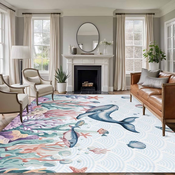 Large Area Rugs for Living Room Bedroom, Whale Coastal 8'x10' Rug Washable Carpet Runner Indoor Outdoor, Summer Beach Ocean Shell Jellyfish Starfish Non Slip Floor Mats Rug for Kitchen, Patio
