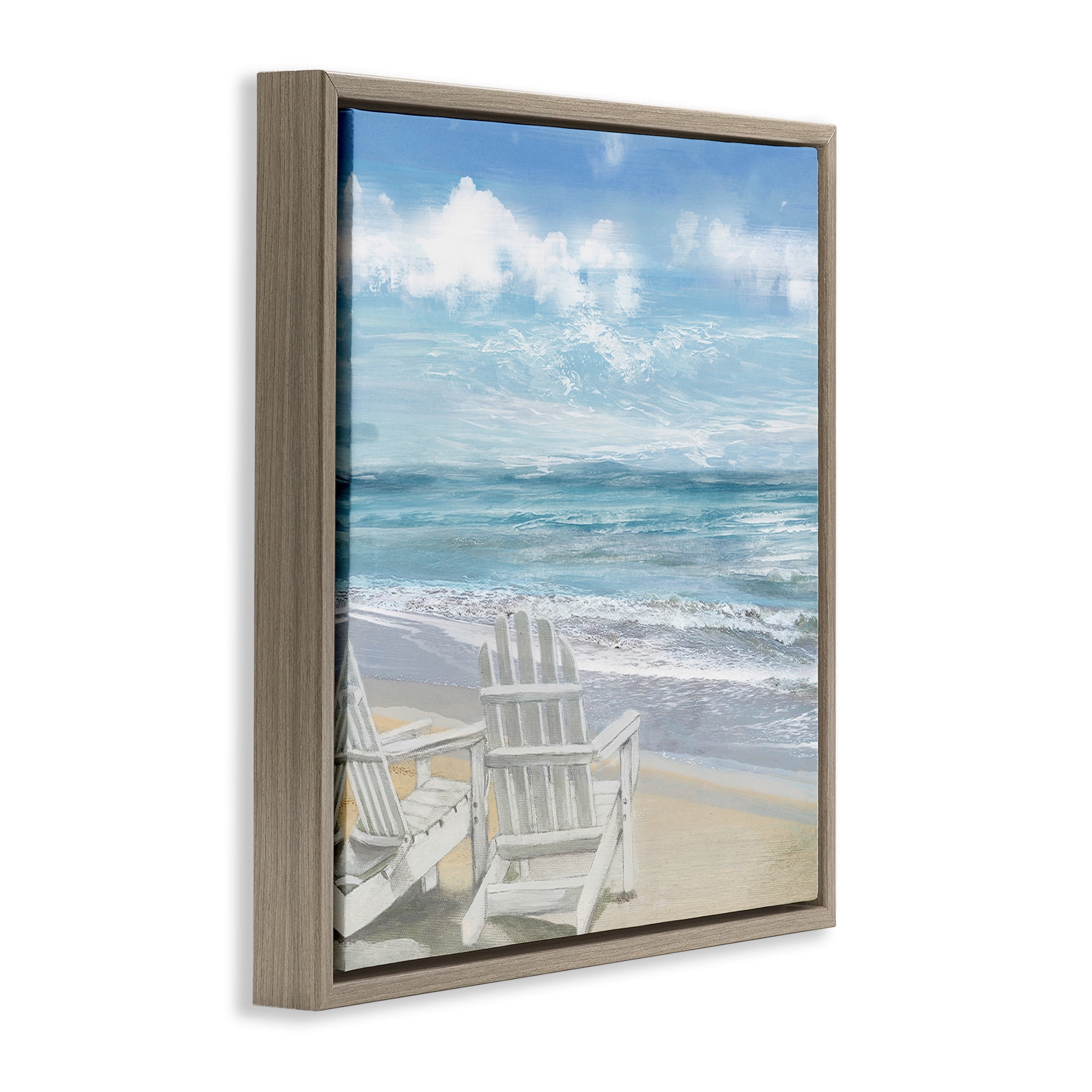 Stupell Industries White Adirondack Chairs on Beach Landscape Painting Brown Floater Framed Canvas Art Print Wall Art, 18 x 18