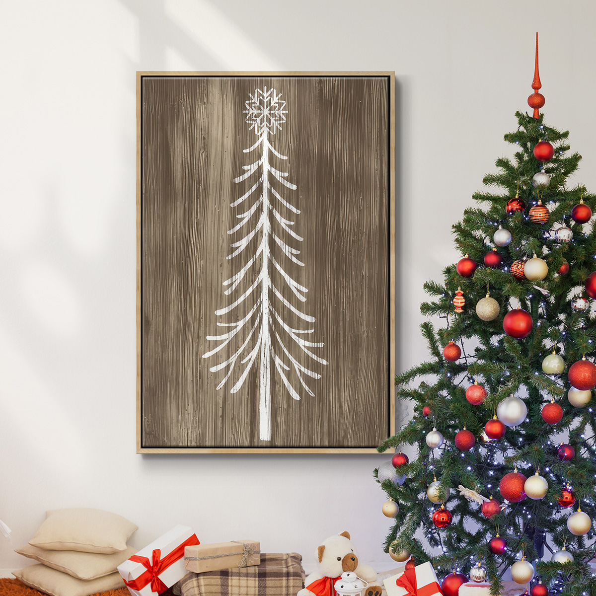 Barnwood Wonderland VII - Framed Gallery Wrapped Holiday Canvas - 25 x 37 - Natural Wood Frame
