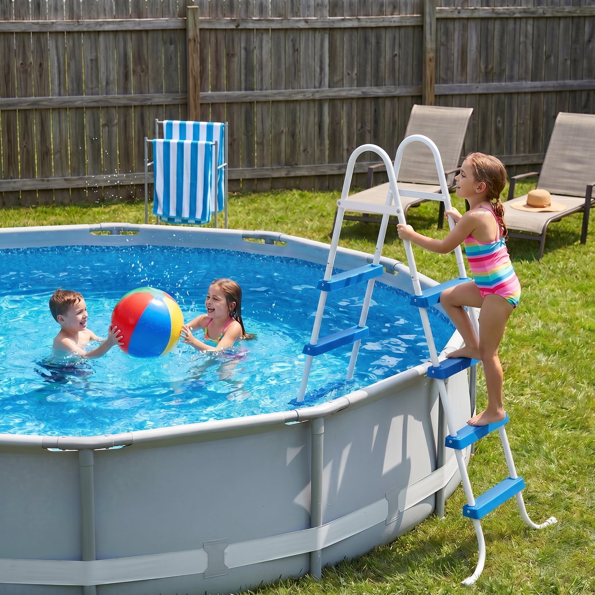 4-Step 52in Iron Pool Ladder (White Frame + Blue Steps)