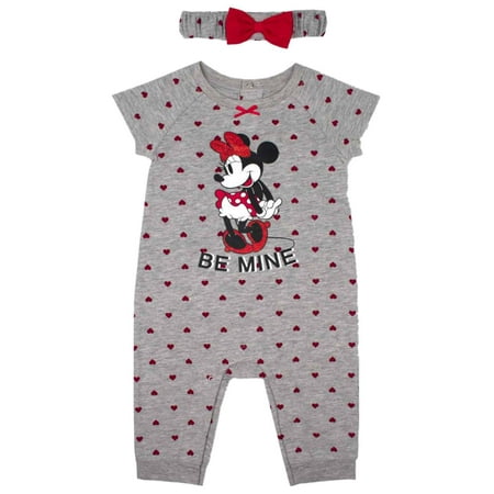 Disney Infant Girls Be Mine Valentines Outfit Minnie Mouse Coverall & Headband