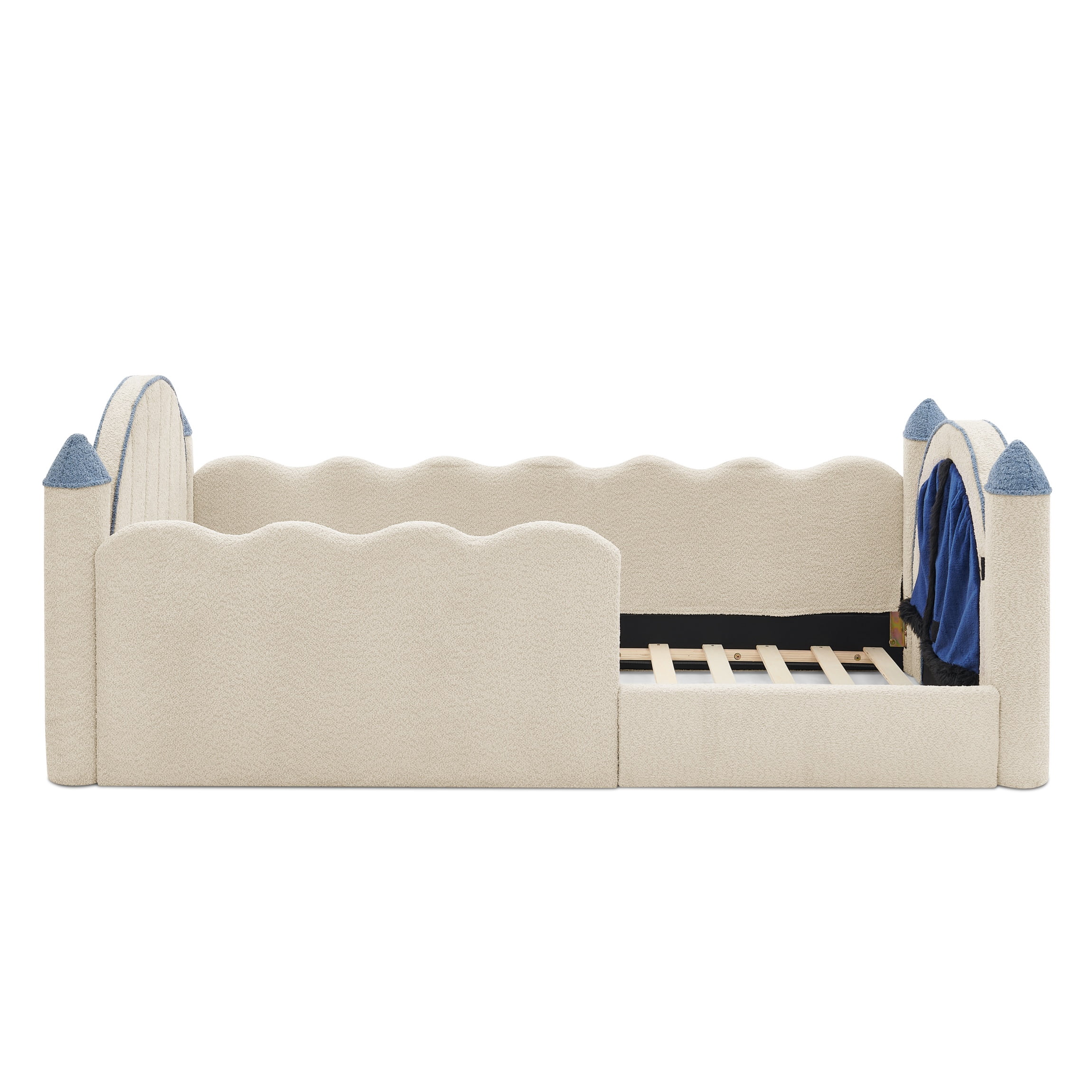 Twin Size Castle-Shaped Kids Floor Bed with Safety Guardrail, Low Profile Upholstered Platform Bed Frame with Small Curtain