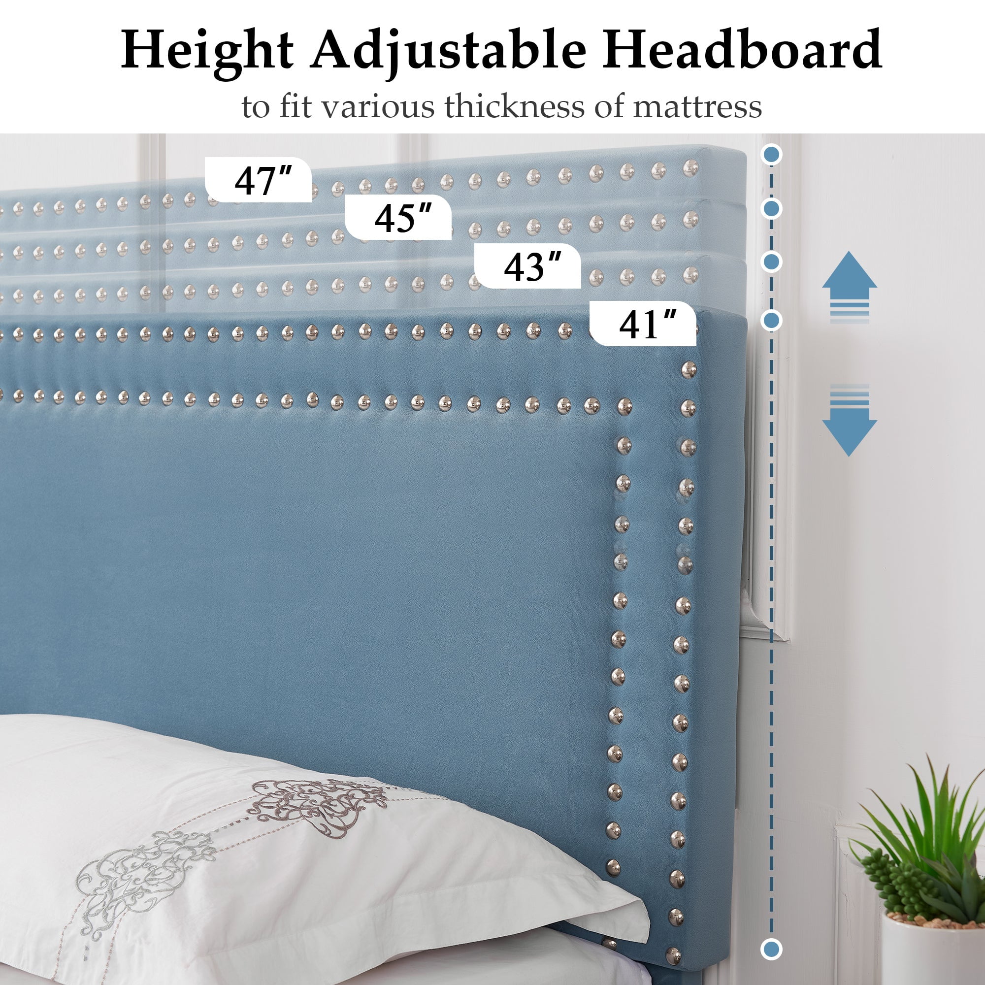 VECELO Queen Size Platform Bed Frame, Modern Upholstered Bed Frame with Adjustable Height & Nailhead Trim Headboard, No Box Spring Needed, Easy Assembly, Light Blue