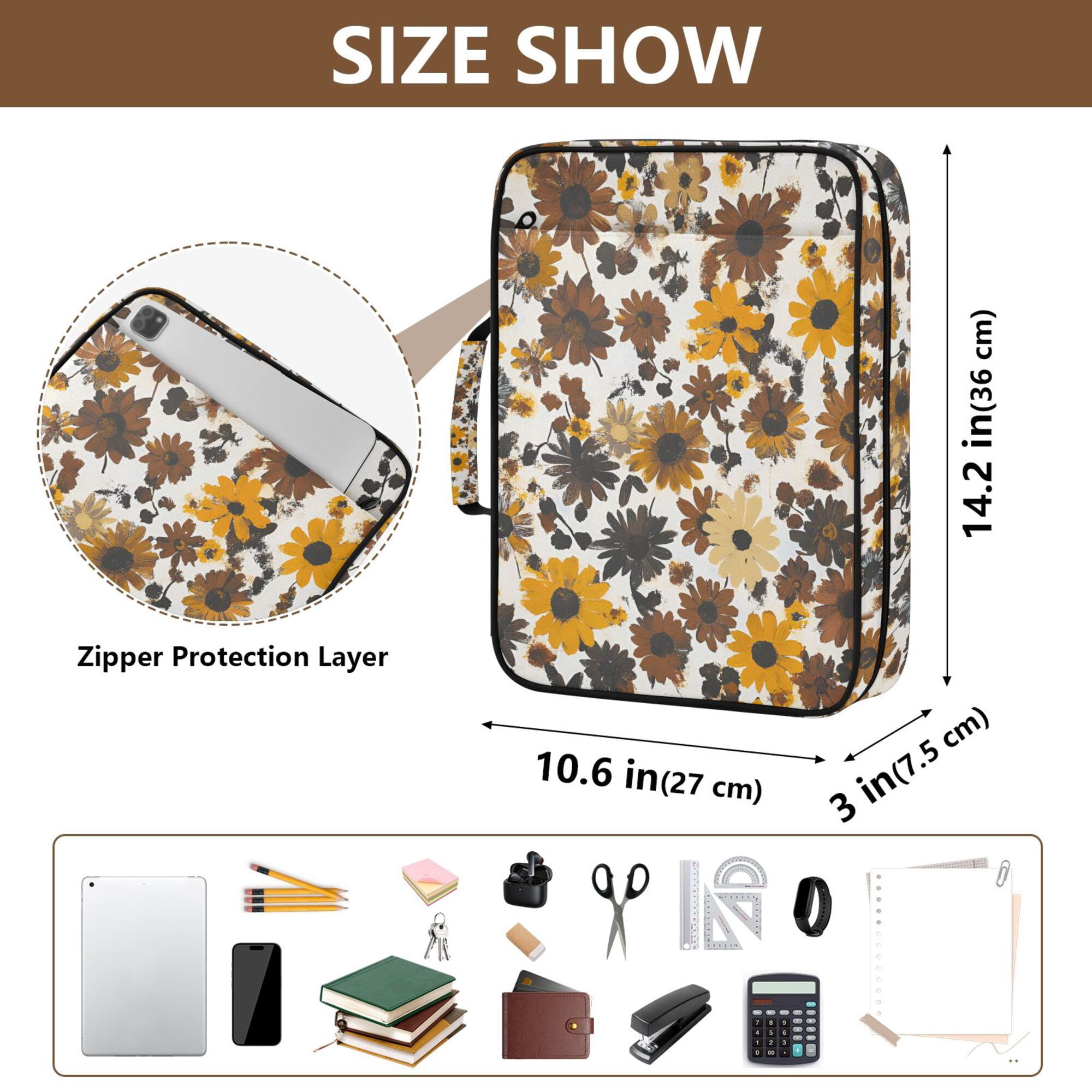 FORMRS Accordion File Folder A4 Size 7-Pocket Expanding Document Organizer Bag with 3 Ring Binder, Brown Flowers
