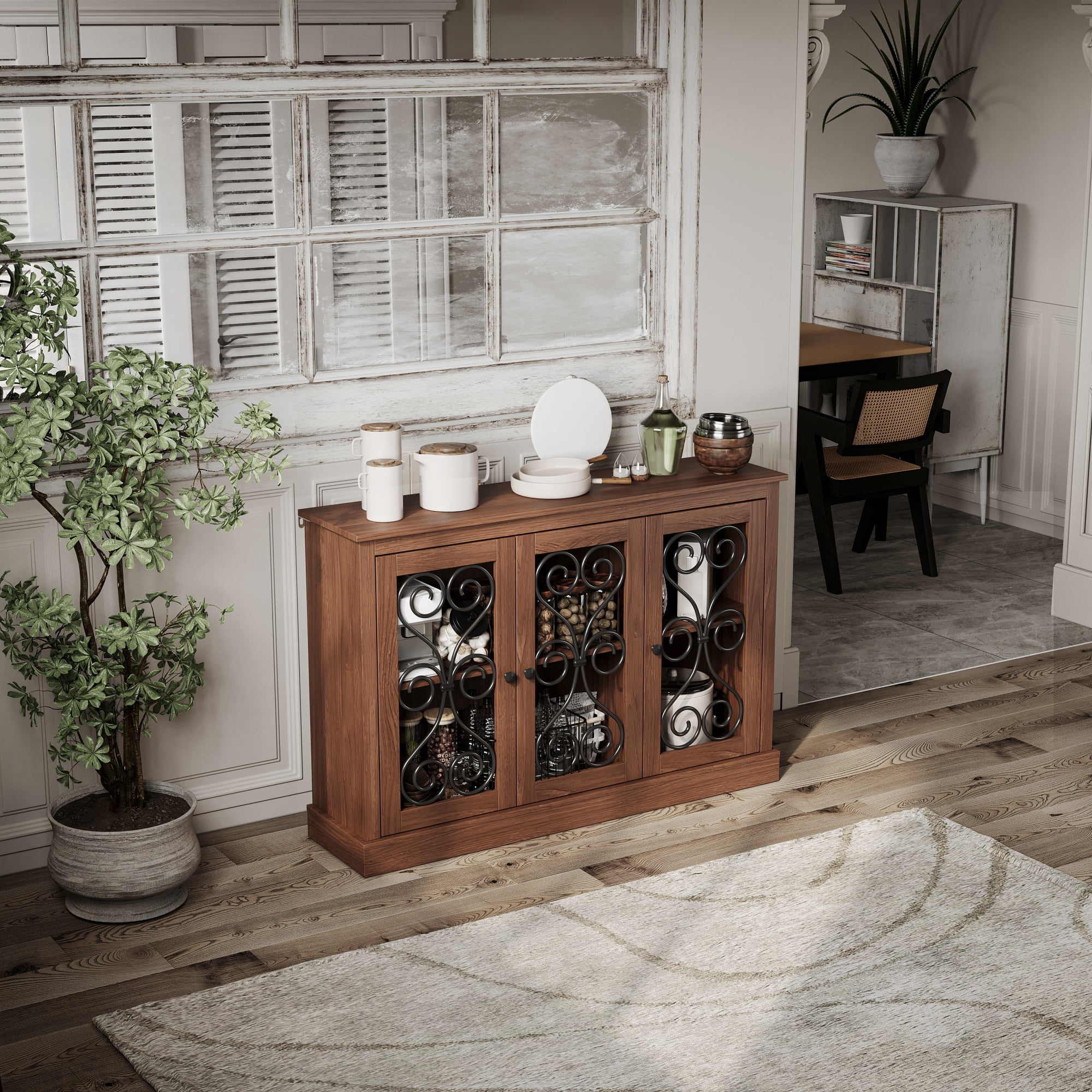 Leumius 47" Wood Sideboard Buffet Cabinet, Morden Fort Coffee Bar Storage Cabinet with 3 Metal-Decorated Doors, Freestanding Accent Sideboard for Kitchen, Living Room and Entryway
